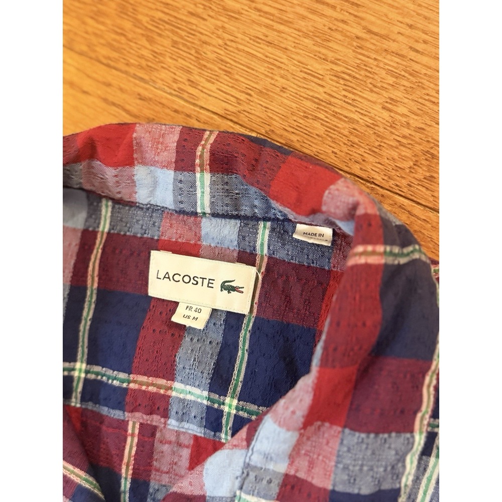 Lacoste Classic Fit Blue Red Plaid Short Sleeve Button Down Shirt Sz 40 Medium - Picture 4 of 6